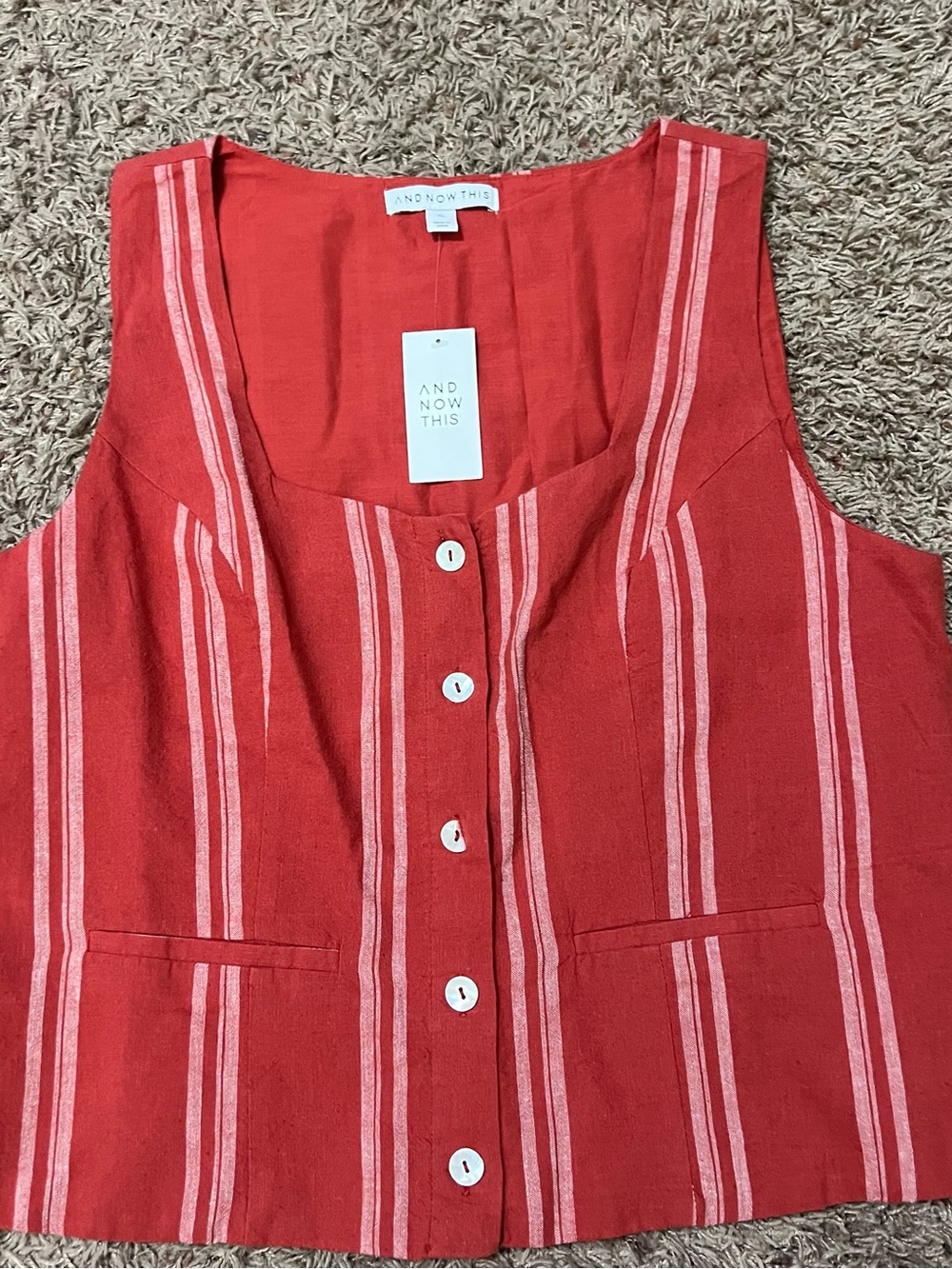 NWT And Now This Linen Blend Striped Button Front Vest XL